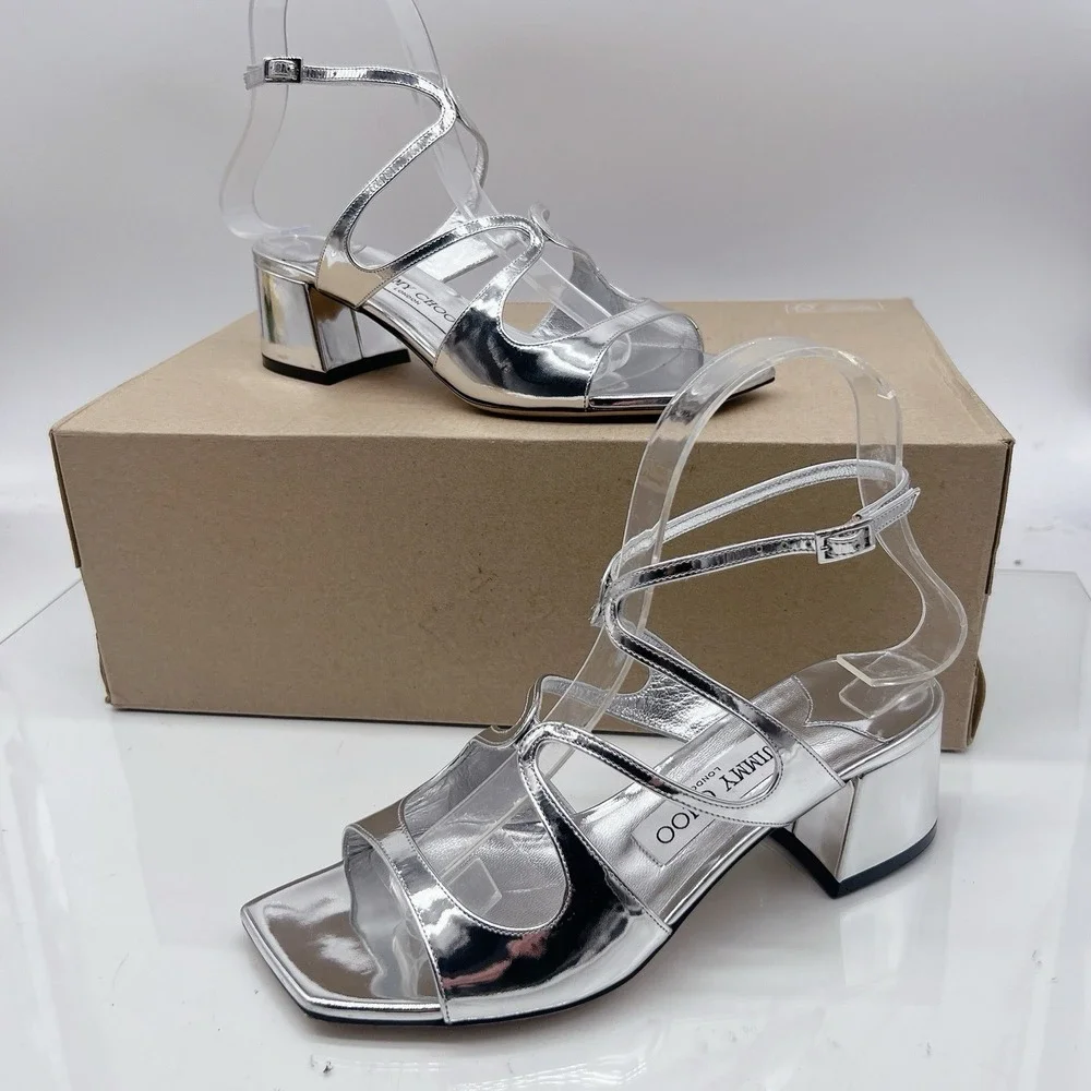 Jimmy Choo Azilia 45 Women's Heels Scrappy Sandals Metallic Silver Leather US 6 - Picture 2 of 12